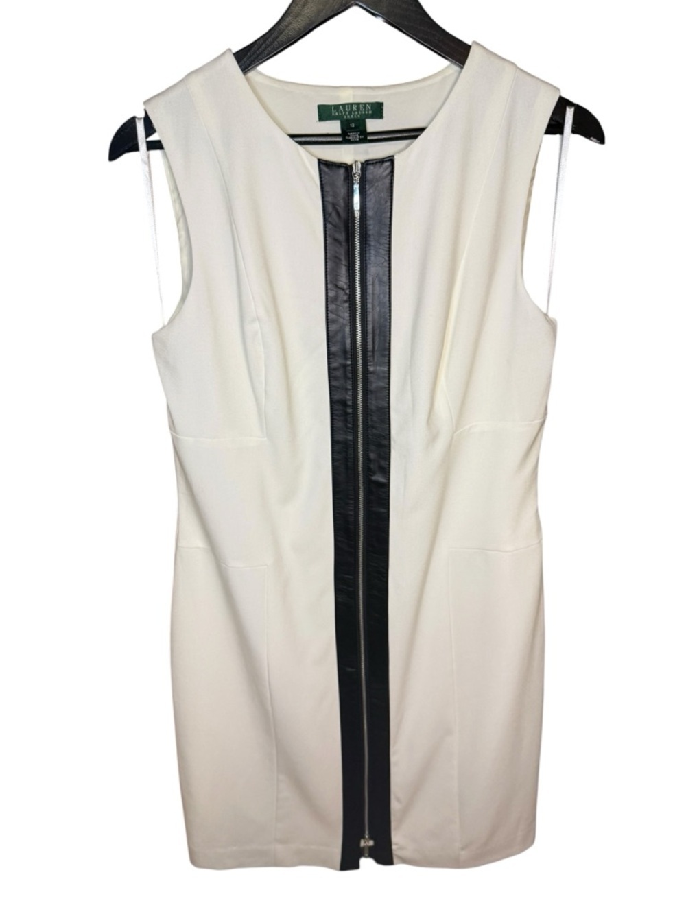 Ralph Lauren Size 12 White Dress Black Leather Trim Zip Front Sleeveless Classy
